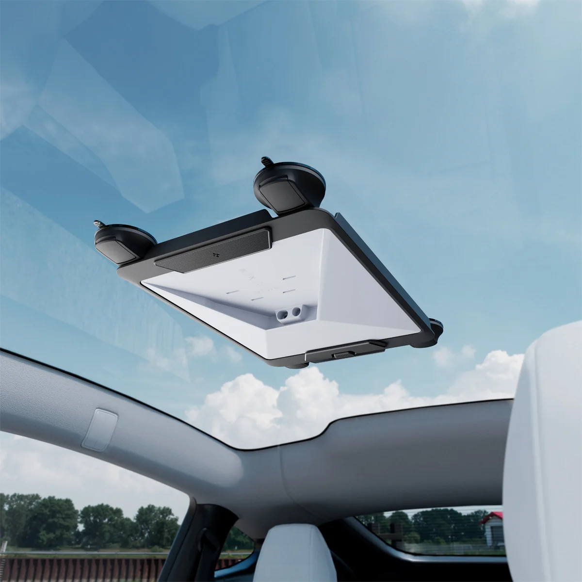 Starlink Mini mounted inside a vehicle against the panoramic glass roof