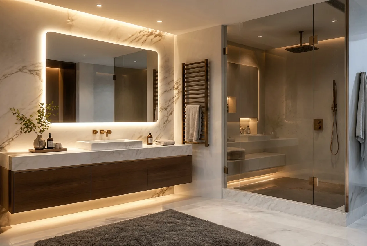 Luxury spa bathroom with smart mirror, heated towel rack, and glass shower