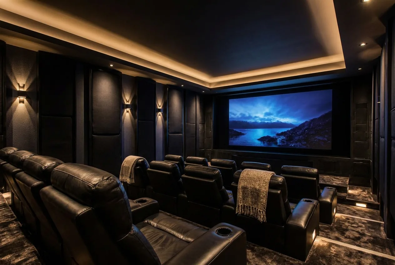 Luxury home theater with tiered leather seating and cove lighting