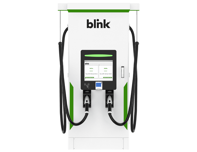 Blink DC fast charging station with dual connectors and touchscreen display