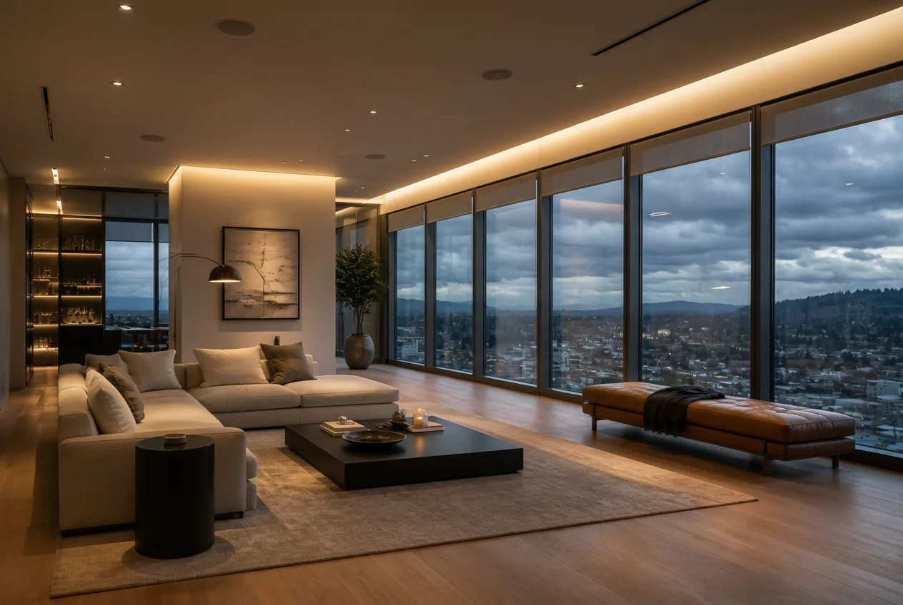 Modern living room with tunable smart lighting and motorized shades at dusk