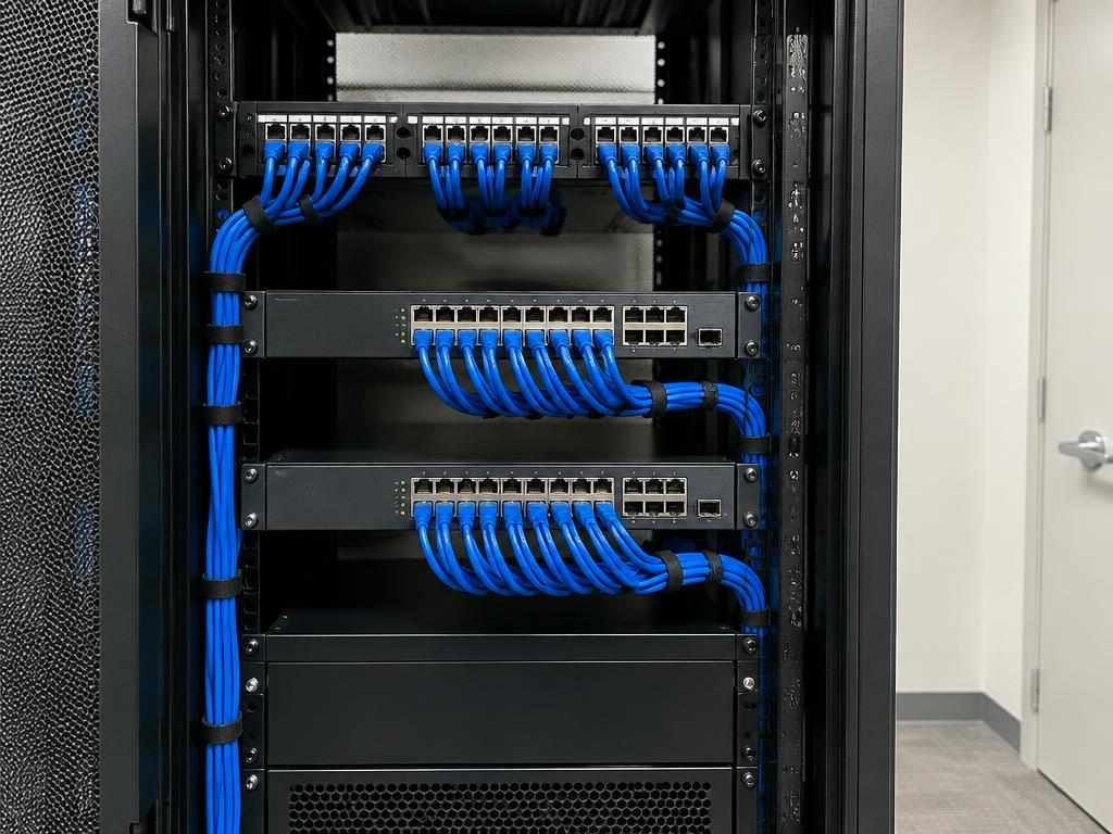 Commercial network rack with neatly dressed CAT6 cabling
