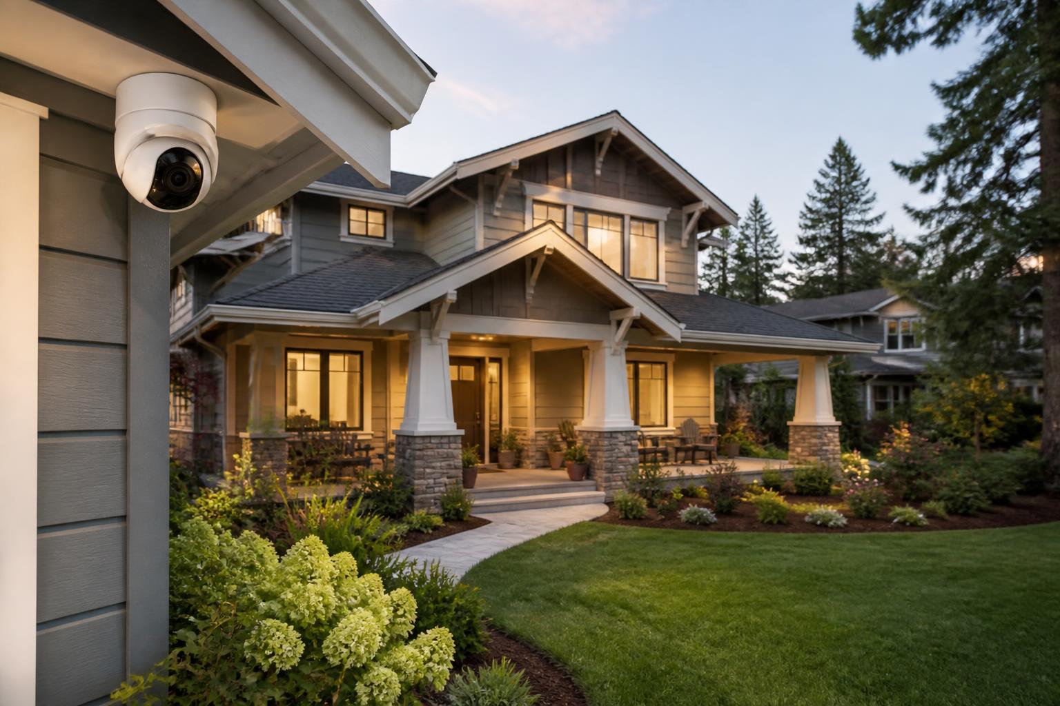 360-degree pan-and-tilt residential security camera mounted on a home exterior
