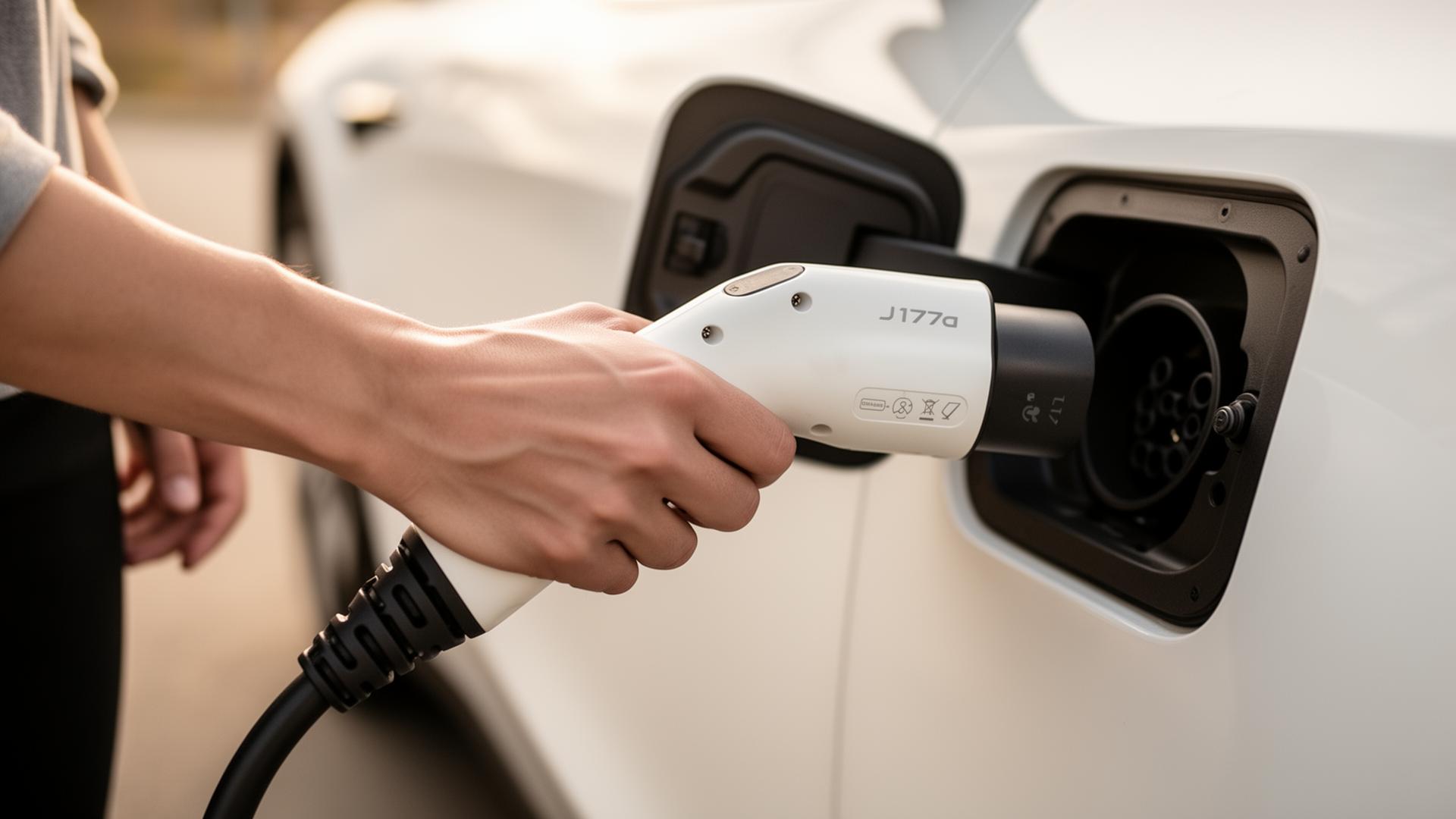 Close-up of an EV charging connector plugged into a vehicle