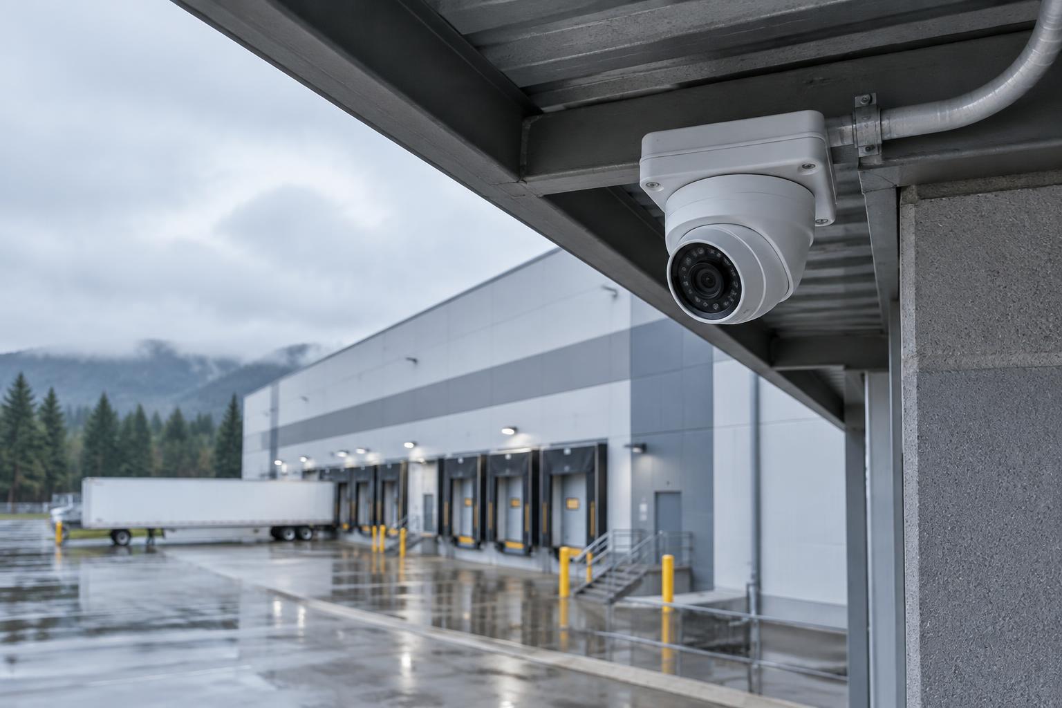 Professional turret security camera installed at a commercial warehouse