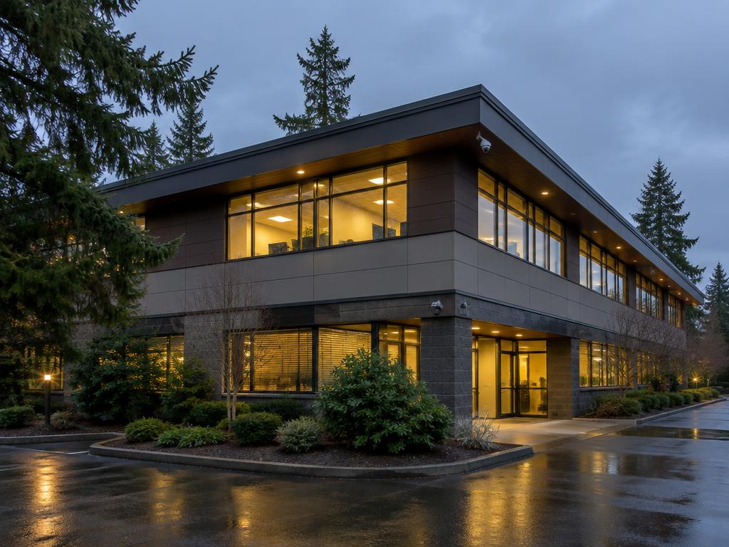 Modern Pacific Northwest commercial building at dusk