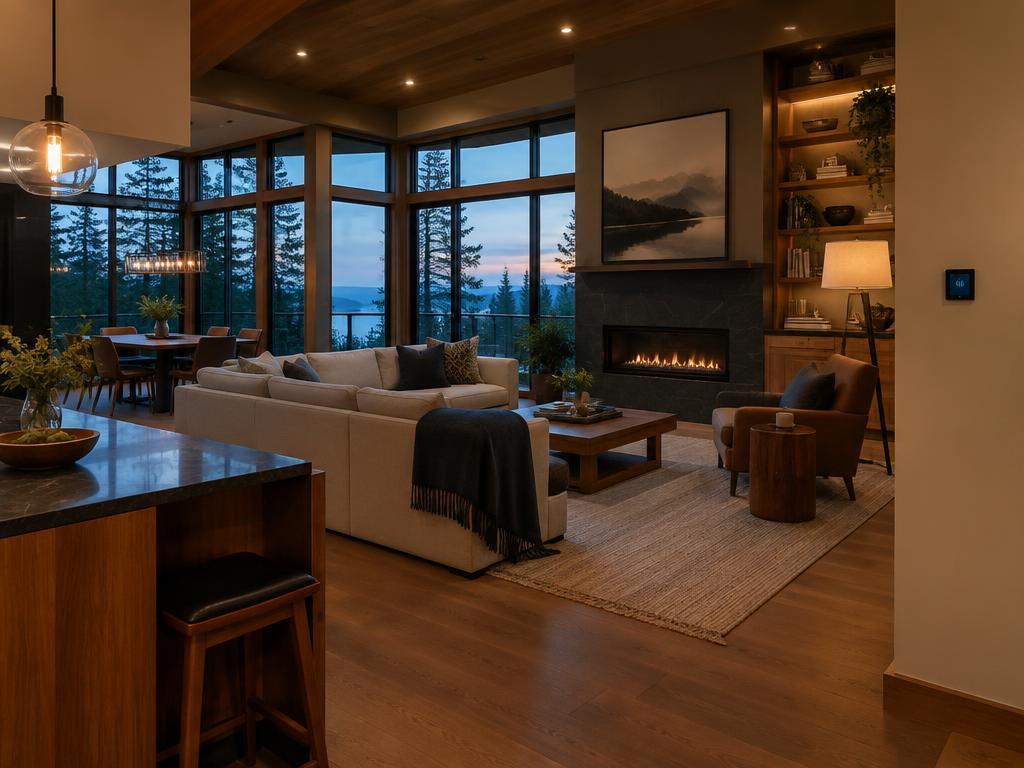 Warm modern Pacific Northwest home interior at dusk