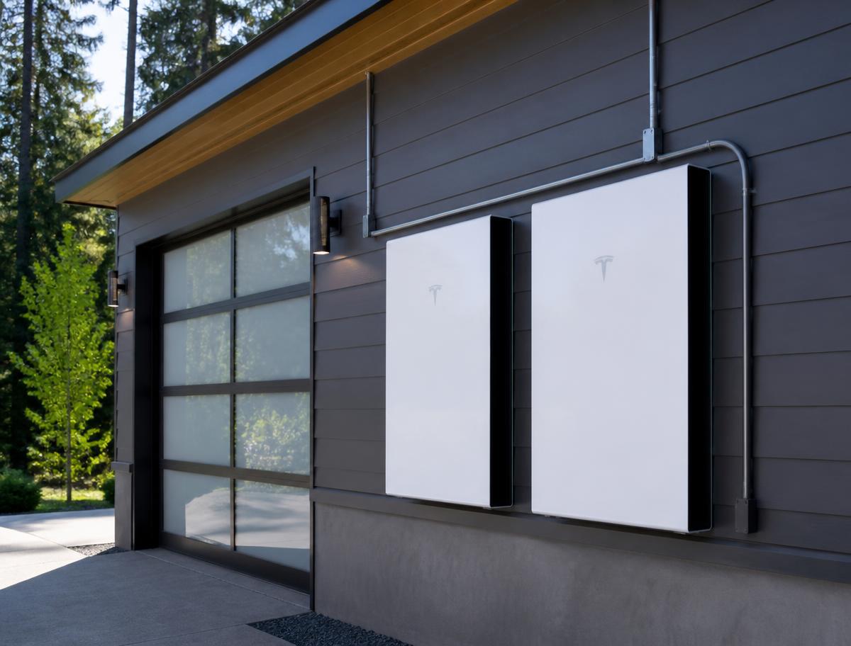 Two Tesla Powerwall home batteries wall-mounted beside the garage of a modern home