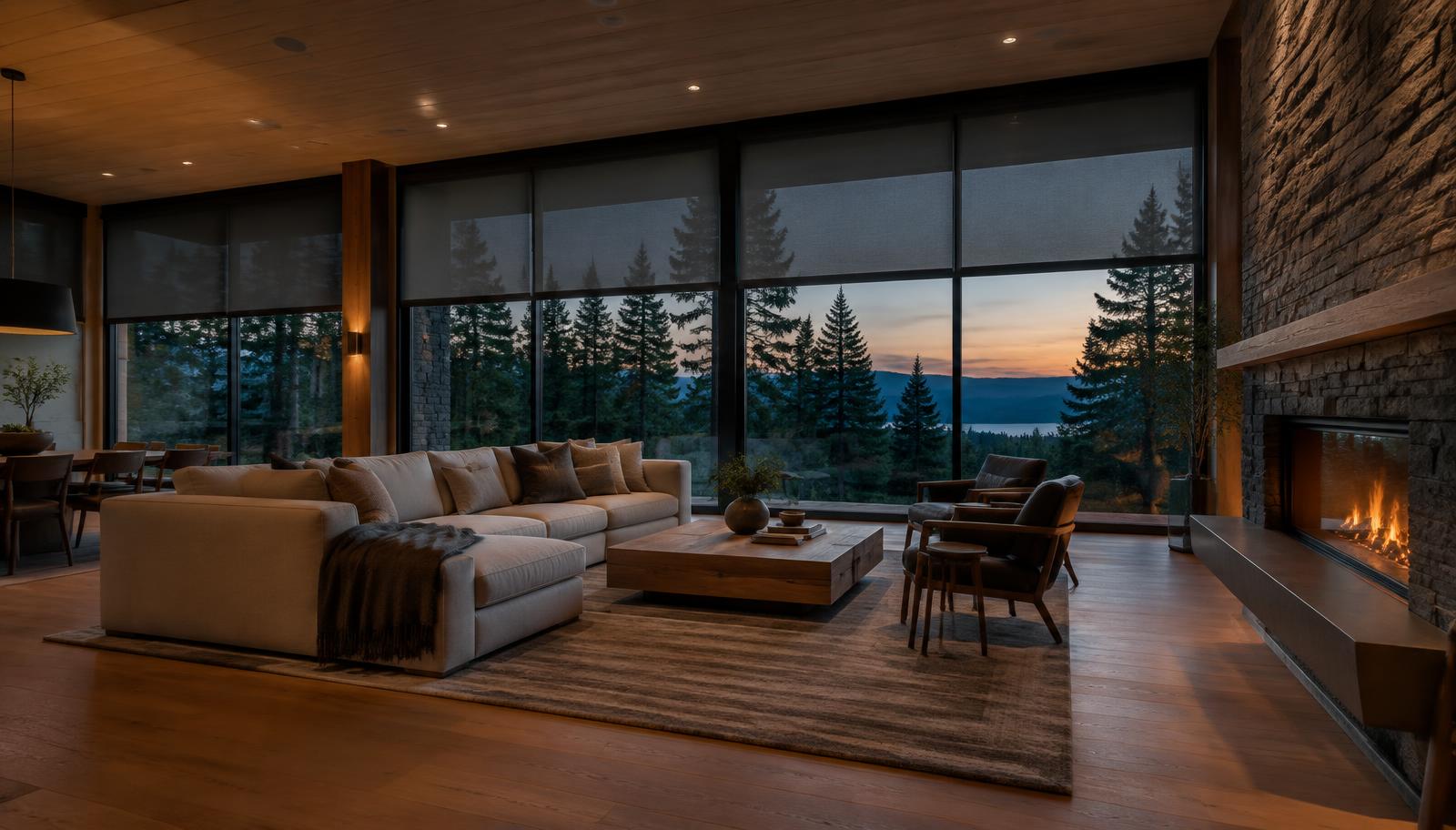 Pacific Northwest great room at dusk with integrated lighting and automated shades