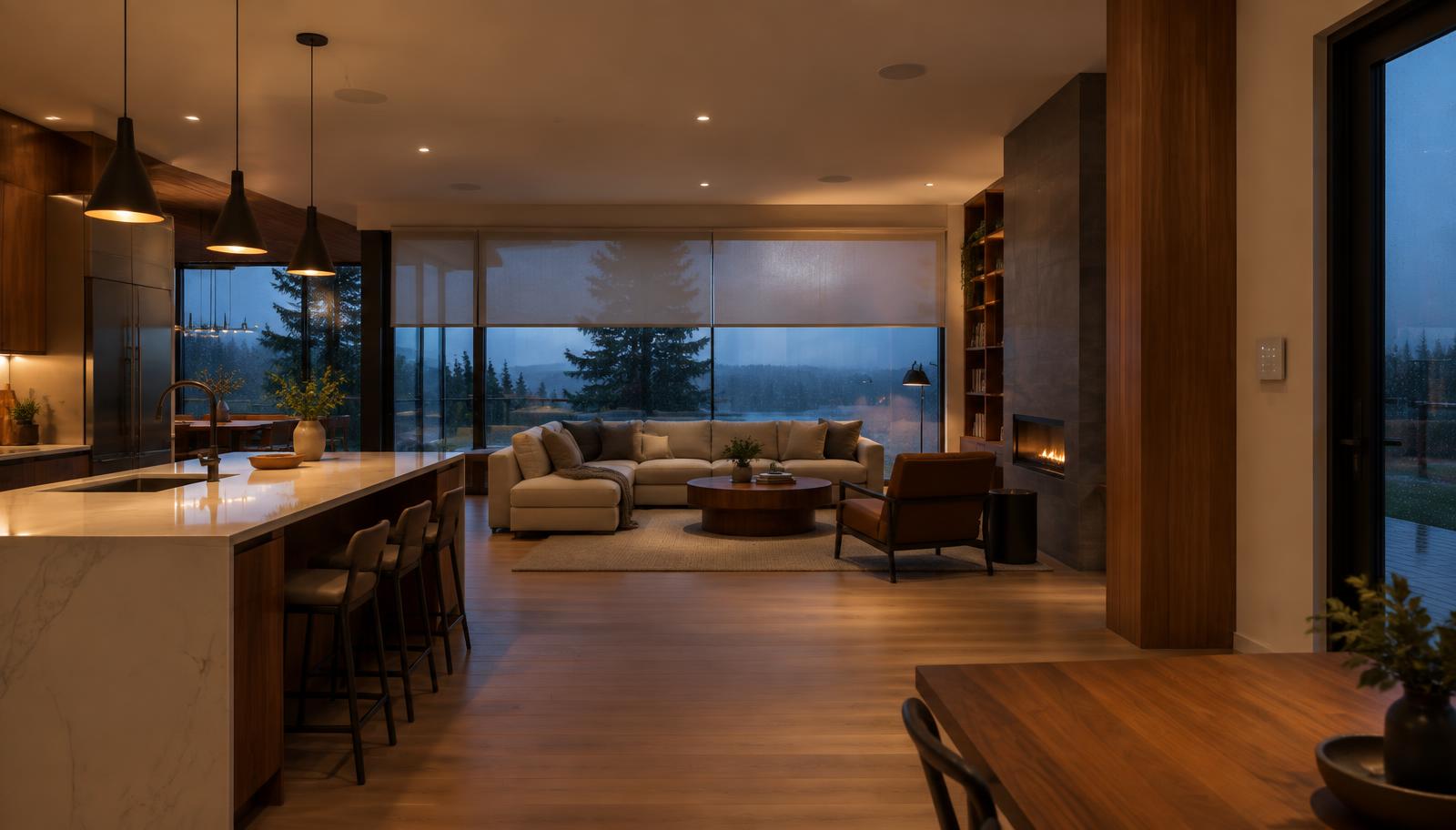 Open kitchen and living area with layered lighting, automated shades and discreet speakers