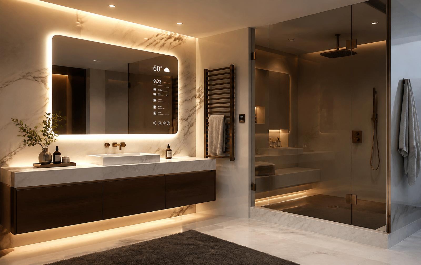 Luxury spa bathroom with smart mirror, heated towel rack, and glass shower