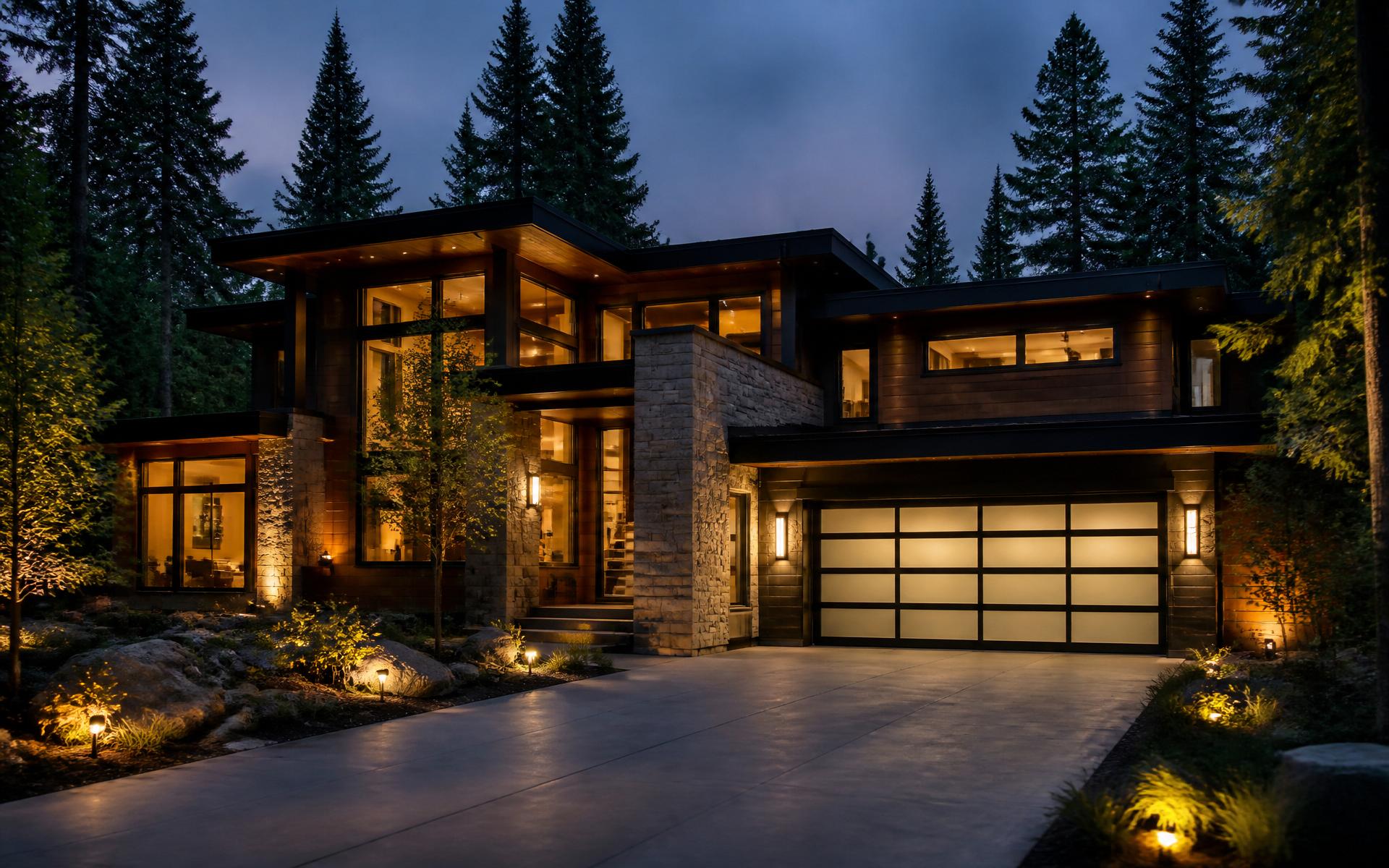 Luxury Pacific Northwest home at dusk with warm smart lighting