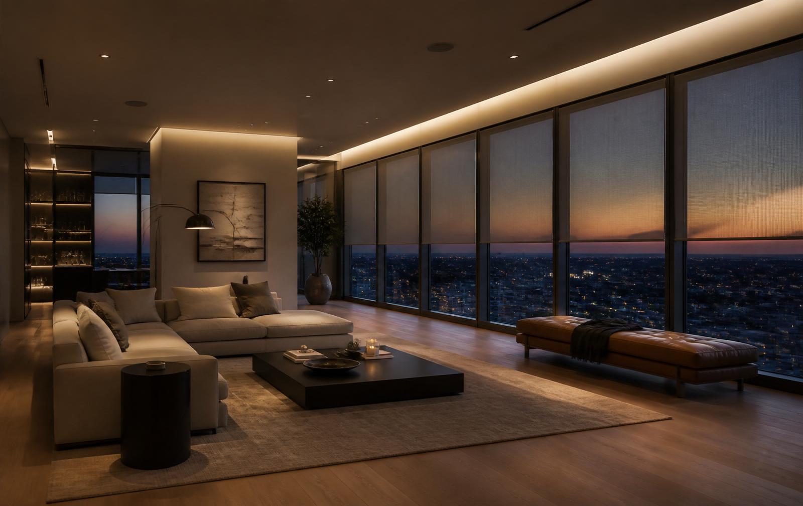 Modern living room with tunable smart lighting and motorized shades at dusk