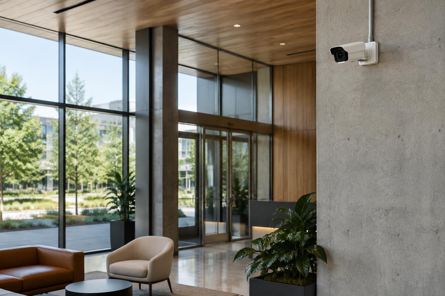 Cloud-managed commercial security camera installed in a modern office lobby