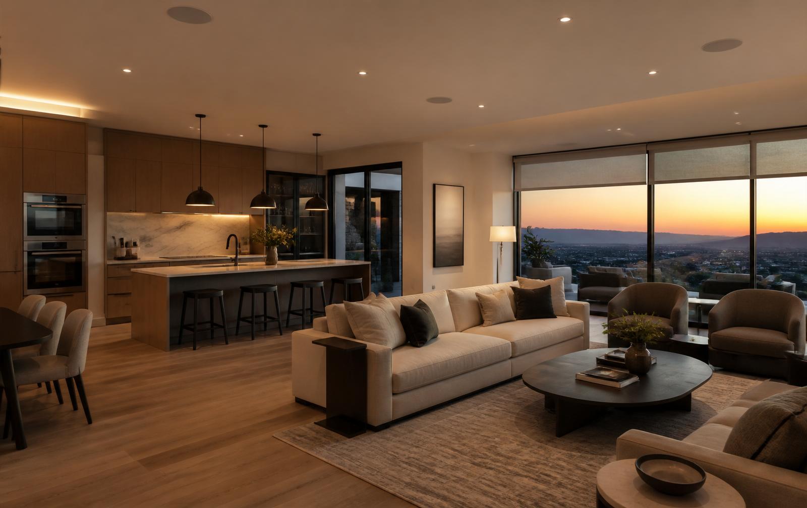 Open great room with in-ceiling speakers and warm sunset light