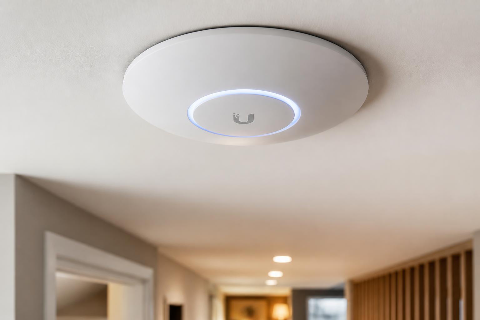 Ceiling-mounted Ubiquiti UniFi wireless access point installed flush in a home hallway