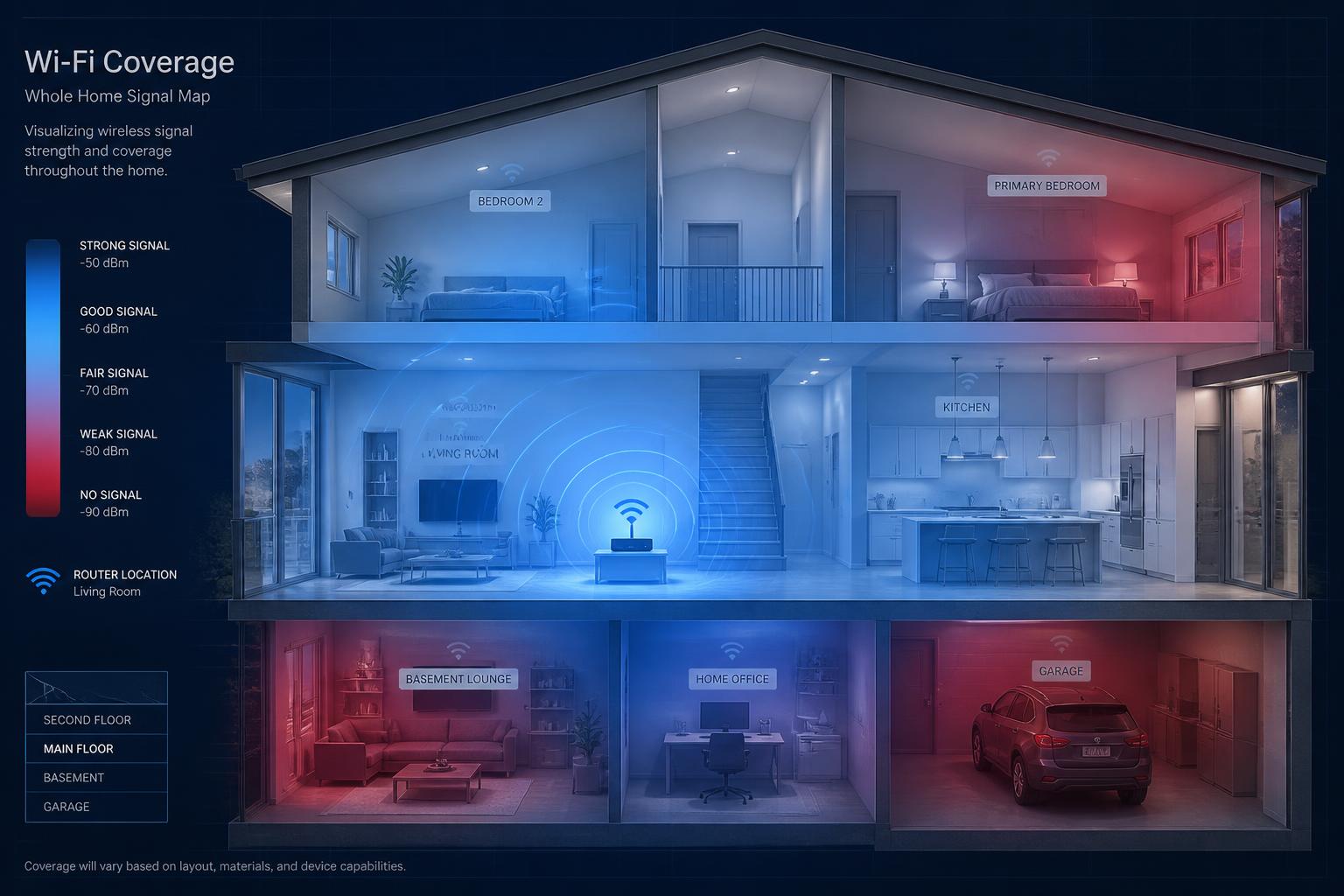 Whole-home Wi-Fi coverage map showing weak signal dead spots in bedrooms, basement, and garage